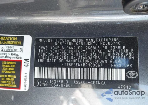 2011 Toyota Camry Le from USA, damaged, VIN 4T4BF3EK4BR109867